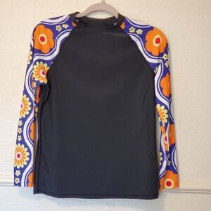 Coco Cabana Womens Floral Raglan Long Sleeve Rash Guard Swim Top Black Orange M